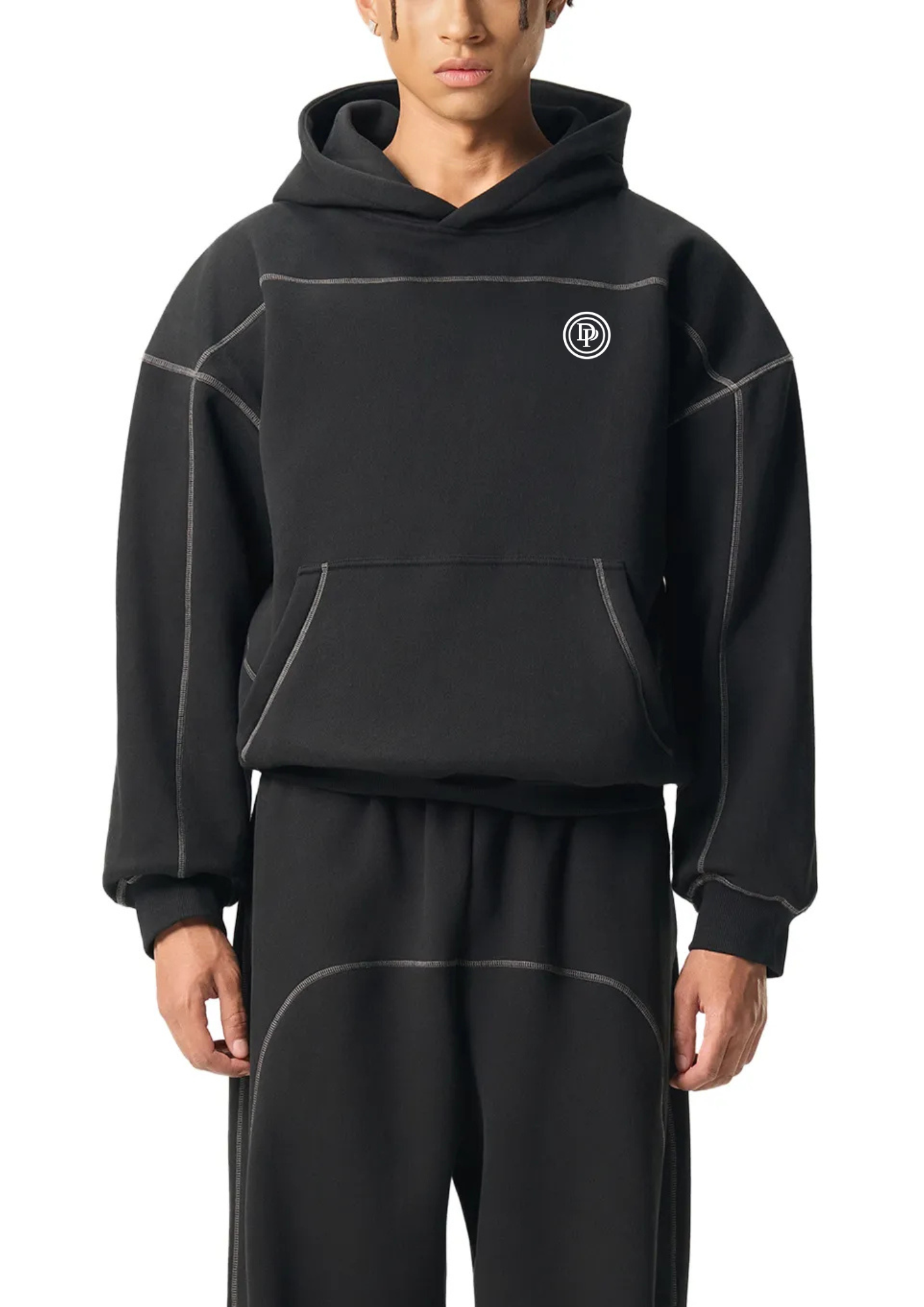 DELAPRIX Contrast-Stitched Boxy Fleece (Black) Hoodie